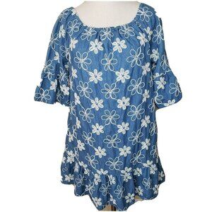 Womens Chambray Dress Daisies  Mini Shift Floral Embroidered Peasant Pockets M